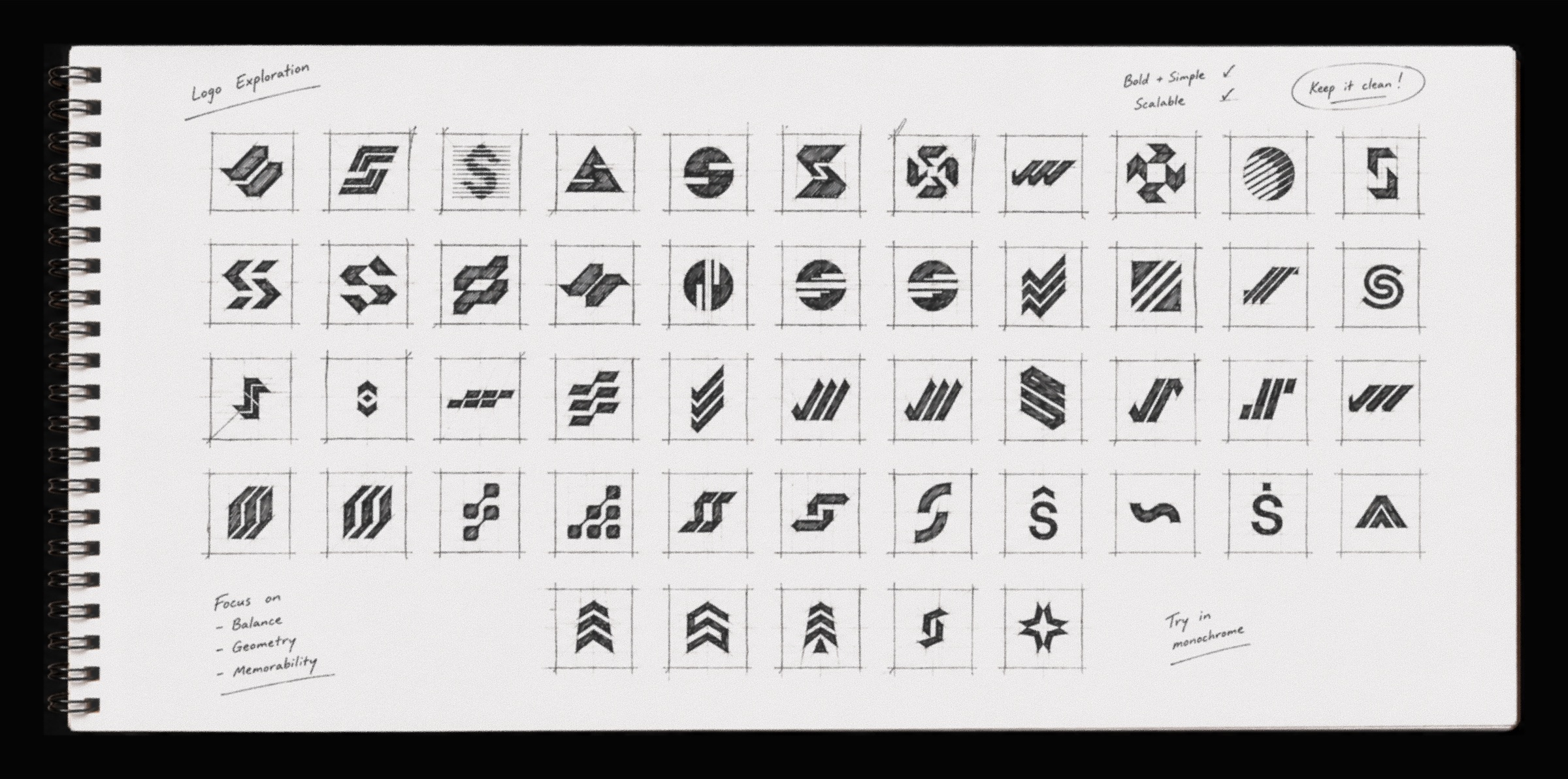 Sketchbook page of early SAHI logo explorations - grids of hand-drawn Stride mark concepts in monochrome.